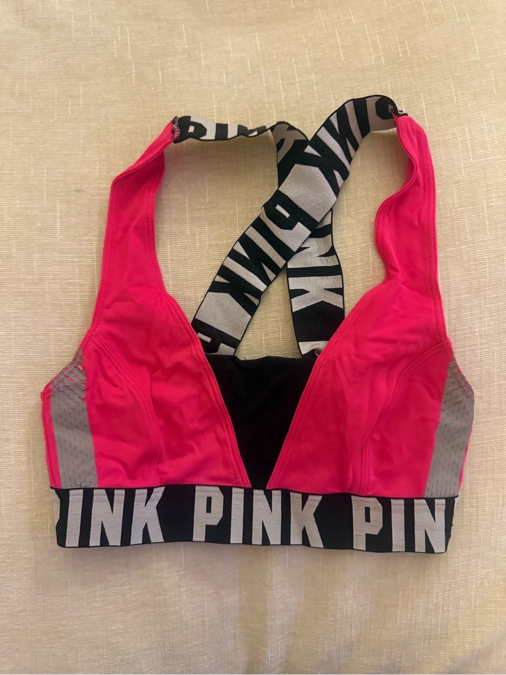 PINK Victoria's Secret Hot Pink & Black Crossback Sports Bra with Branded Band